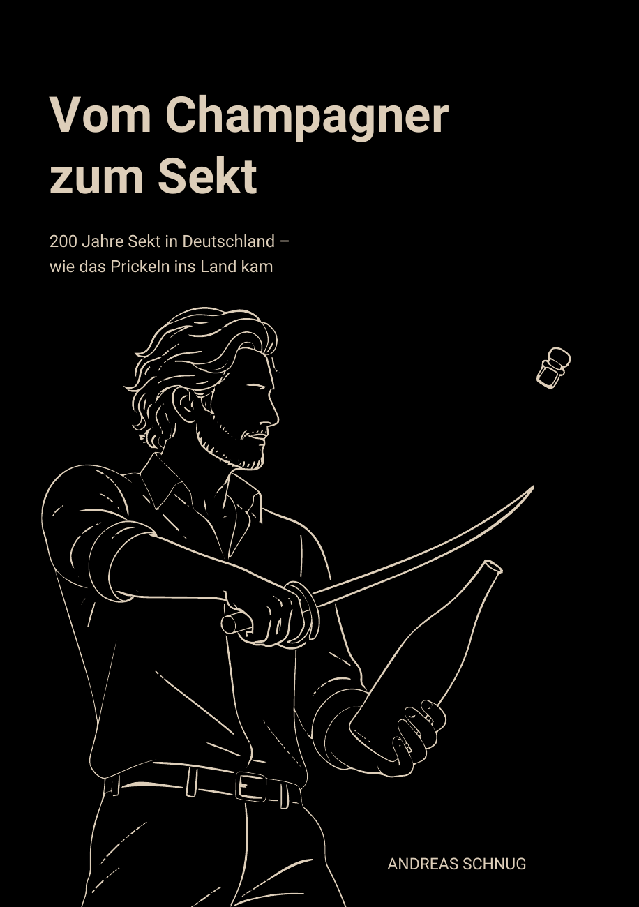 Cover: Vom Champagner zum Sekt von Andreas Schnug, mit einer goldfarbenen Zeichnung einer Sabrage auf schwarzem Grund